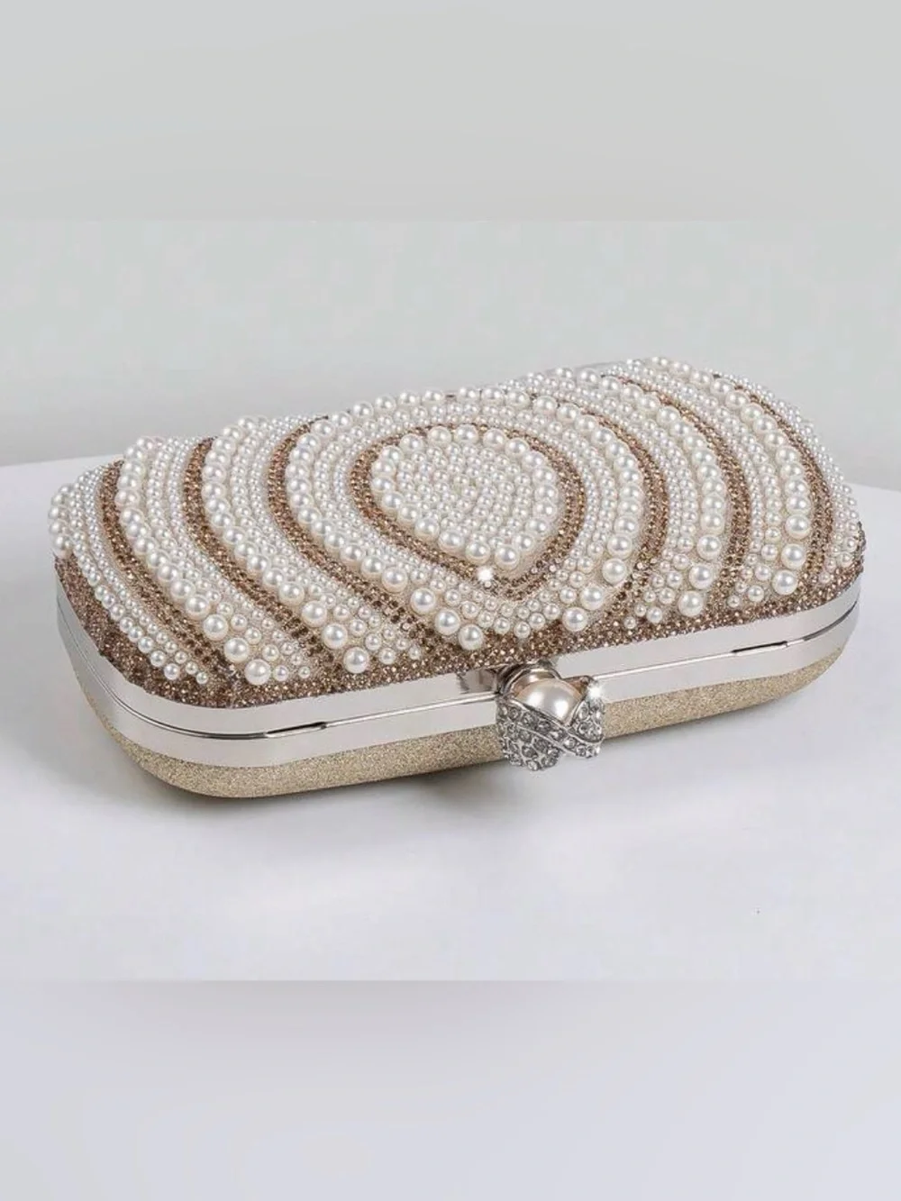 Pearl & Crystal Embellished Clutch - Champagne
